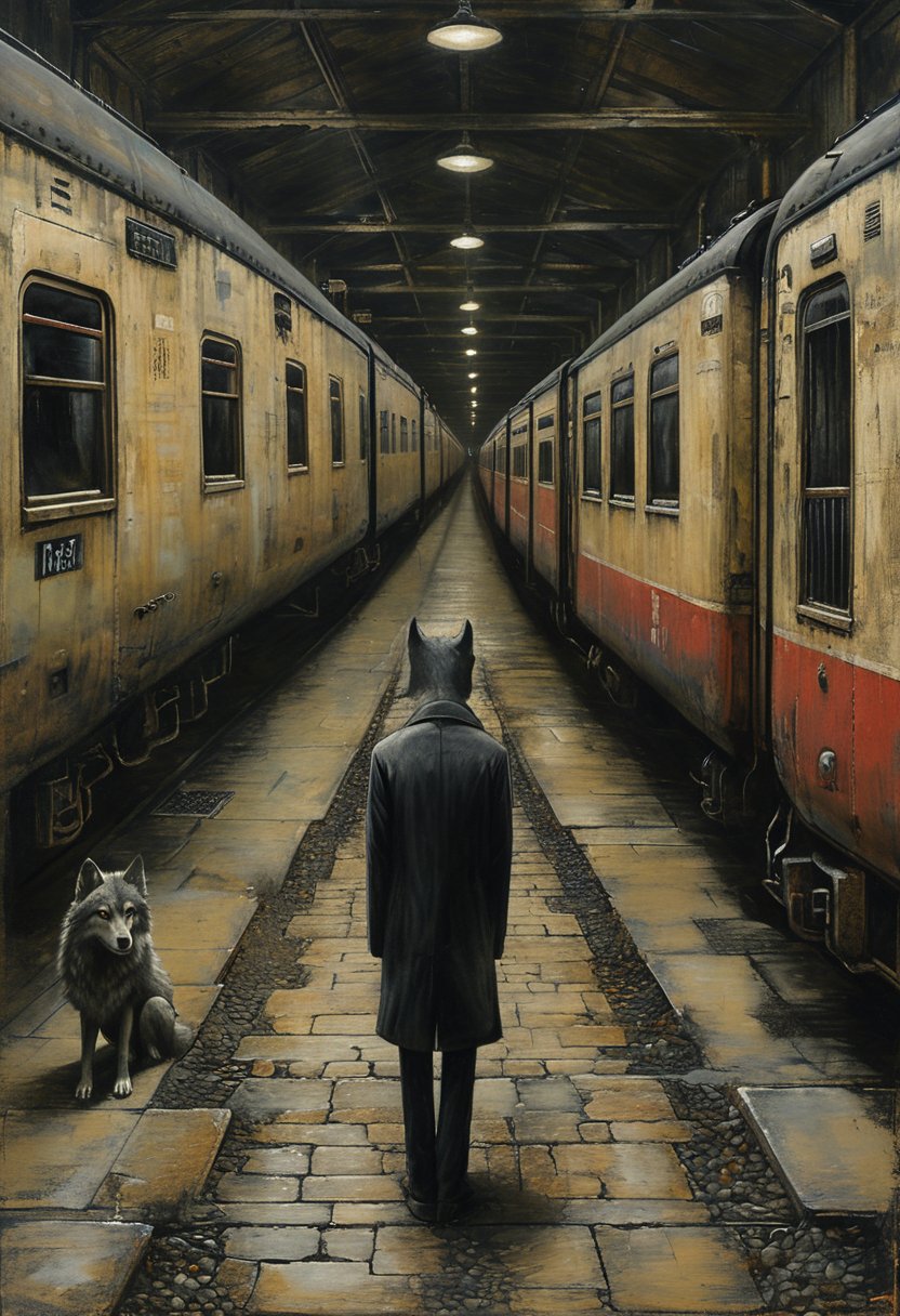 02488-1985783353-masterpiece,best quality,_lora_tbh163-sdxl_0.9_,illustration,style of Mike Worrall, wolf at railway station,  _lora_huge_anime_e.jpg